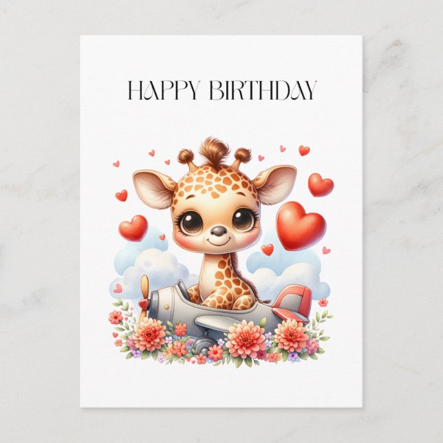 Carte Postale Girafe Avion Anniversaire (Devant)
