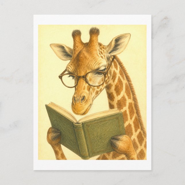 Carte Postale Girafe de style vintage en lecture (Devant)