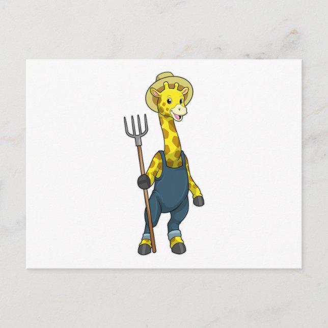 Carte Postale Girafe en agriculteur avec fourche (Devant)