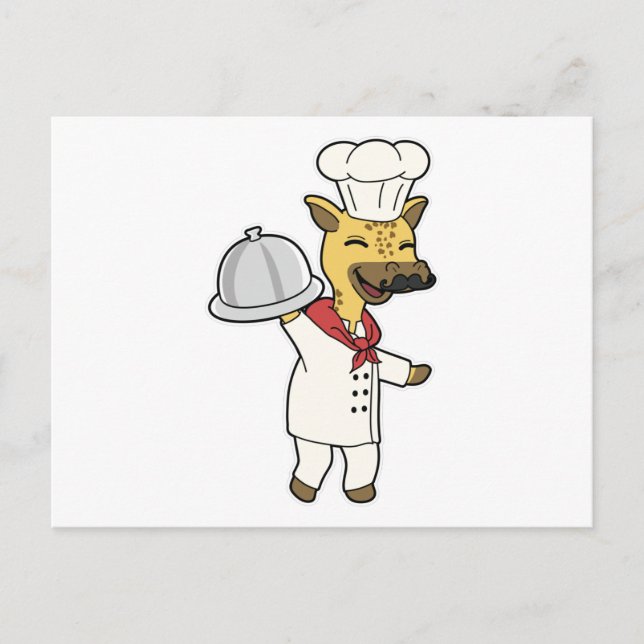Carte Postale Girafe en chef avec tablier de cuisine et plat (Devant)