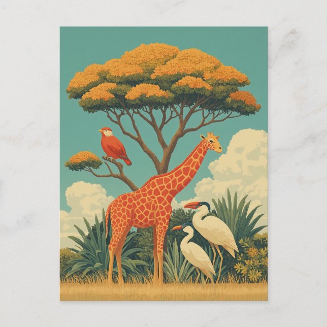 Carte Postale Girafe et Safari Birds (Devant)