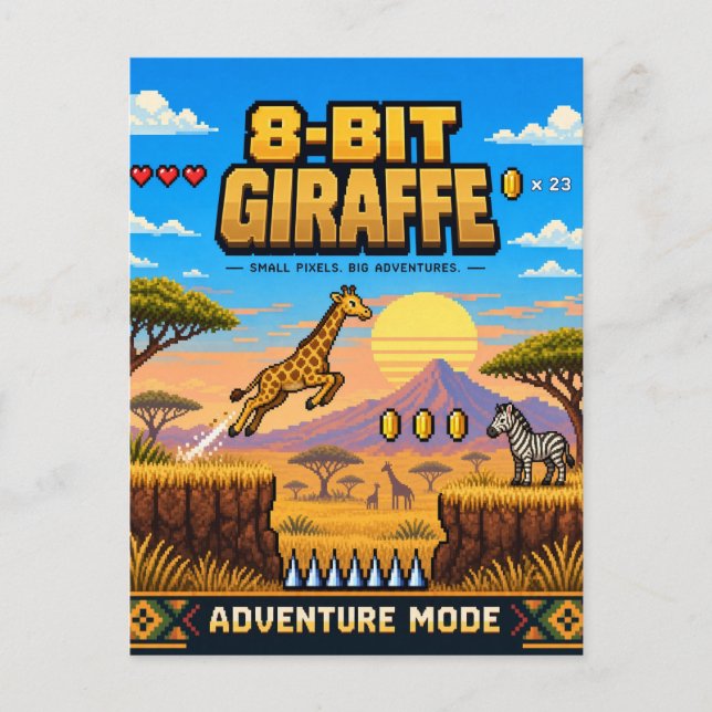 Carte Postale Girafe, Pixel Art Rétro 8 Bits (Devant)
