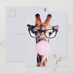 Carte Postale Girafe portant des lunettes chewing-gum Merci