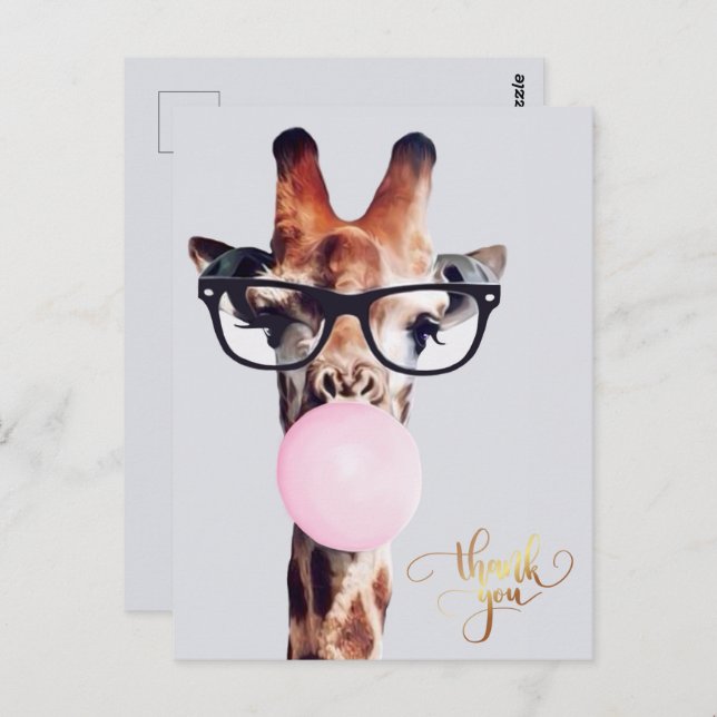 Carte Postale Girafe portant des lunettes chewing-gum Merci (Devant / Derrière)