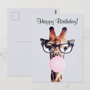 Carte Postale Girafe portant des lunettes soufflant du chewing-g