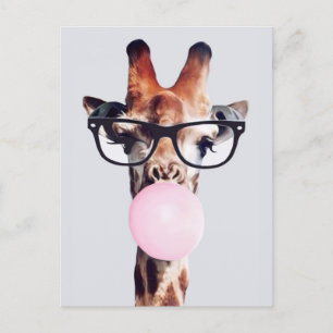 Carte Postale Girafe Portant des lunettes soufflant rose bulle g