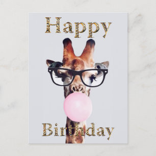 Carte Postale Girafe portant des lunettes soufflant un bubble gu