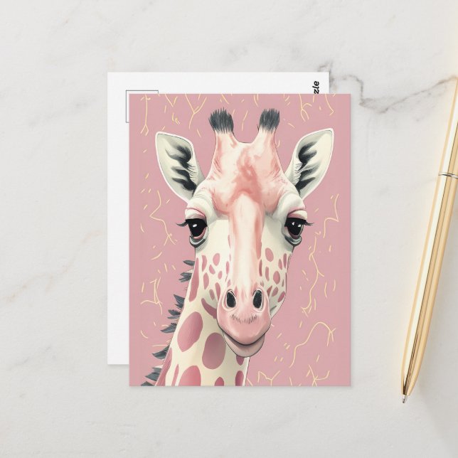 Carte Postale Girafe Rose Mignonne (Devant/Arrière en situation)