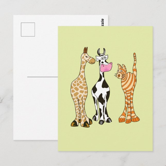 Carte Postale Girafe vache et chat, animaux comiques. (Devant / Derrière)