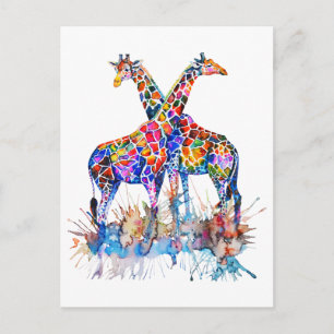 Carte Postale Girafes à taches de peinture aquarelle arc-en-ciel