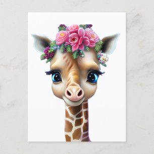 Carte Postale Giraffe Bébé mignonne avec Fleurs et Holly