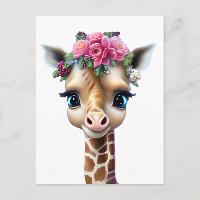 Carte Postale Giraffe Bébé mignonne avec Fleurs et Holly (Devant)
