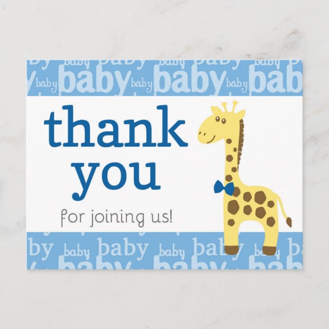 Carte Postale Giraffe en Baby shower bleu Bow pour Merci garçon (Devant)