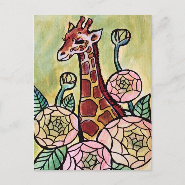 Carte Postale Giraffe et fleurs Giraffes illustration florale (Devant)