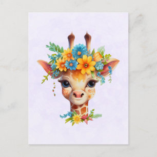Carte Postale Giraffe mignonne à couronne florale