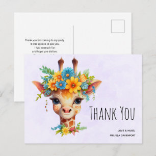 Carte Postale Giraffe mignonne avec Merci de la Couronne florale