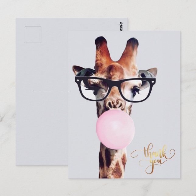 Carte Postale Giraffe Portant des lunettes gomme Merci (Devant / Derrière)
