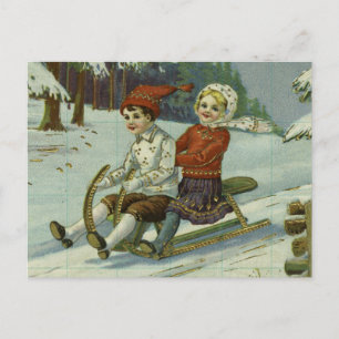 Carte Postale Girl and boy enjoy a sleigh ride illustration