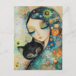 CARTE POSTALE GIRL AND CAT ART JIGSAW PUZZLE