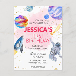 Carte Postale Girl Astronaut spatial Rocket Ship Planet