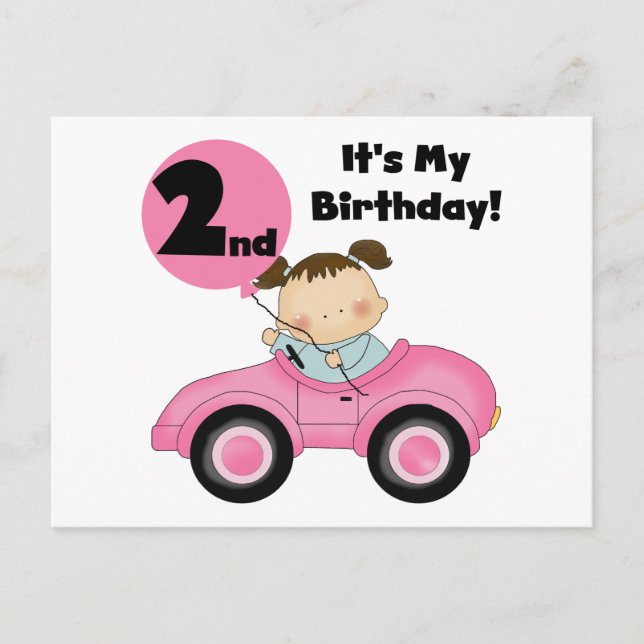 Carte Postale Girl in Pink Car 2nd Birthday Tshirts et cadeaux (Devant)