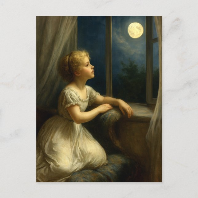 Carte Postale Girl Looking At A Full Moon Through Window (Devant)