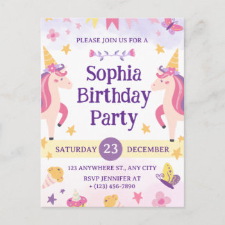 Carte Postale Girls Cute Purple Unicorn Kids 1th Birthday