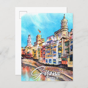 Carte Postale Girona Espagne Aquarelle Peinture Voyage