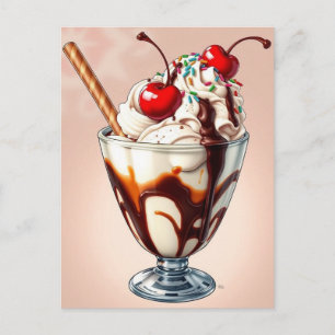 Carte Postale Glace au Chocolat Sundae avec Paillettes  