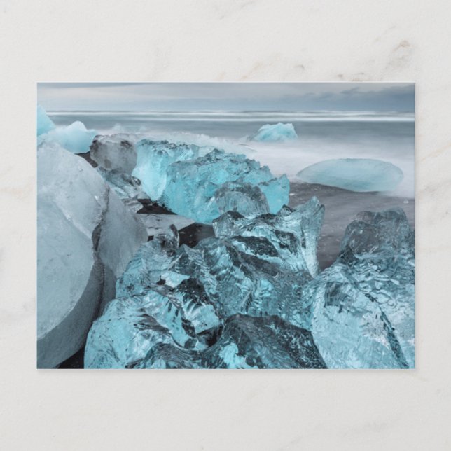 Carte Postale Glace bleue sur la plage, paysage marin, Islande (Devant)