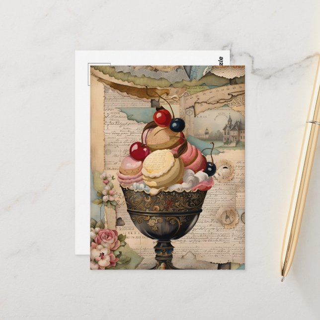 Carte Postale Glace Sundae Collage Vintage (Devant/Arrière en situation)