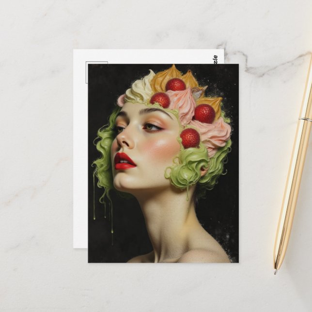 Carte Postale Glace Sundae et Cheveux de Fruits (Devant/Arrière en situation)