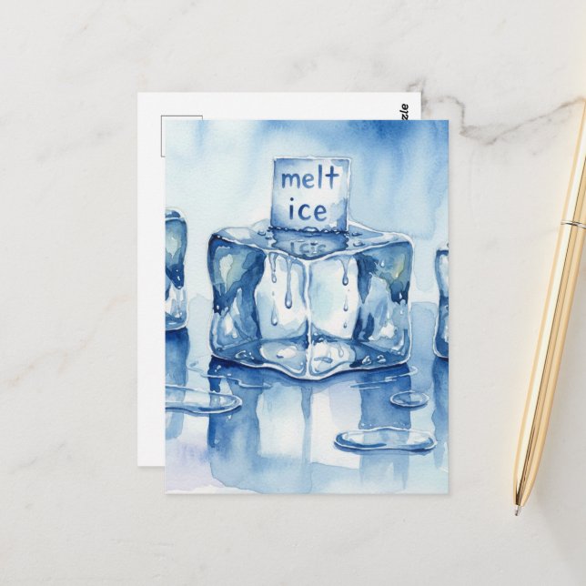 Carte Postale Glaçons fondus typographie aquarelle flaque (Devant/Arrière en situation)