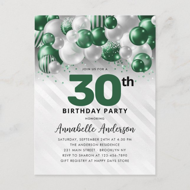 Carte Postale Glam Green Silver Balloon Parties scintillant 30e  (Devant)
