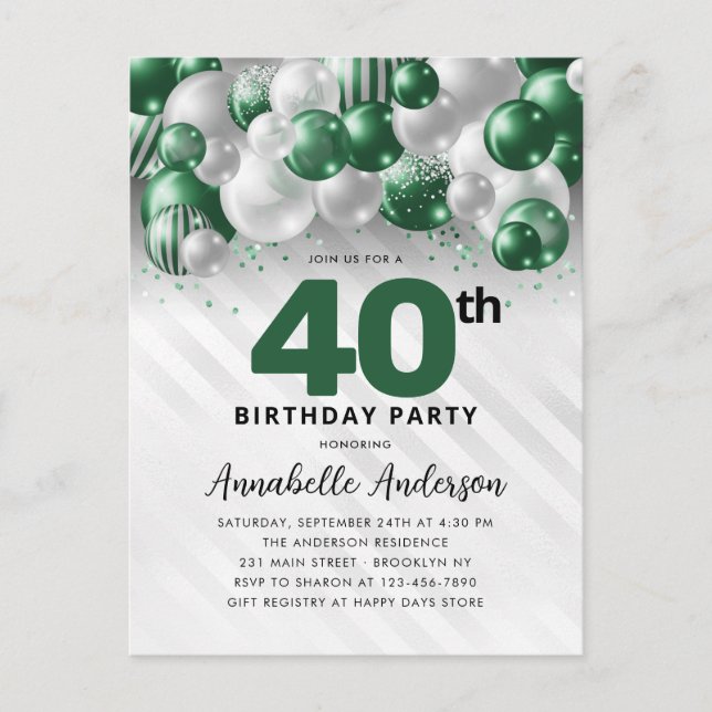 Carte Postale Glam Green Silver Balloon Parties scintillant 40e  (Devant)