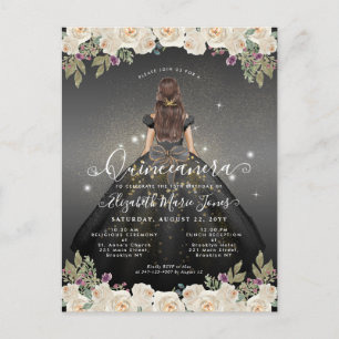 Carte Postale Glam or blanc noir floral Princesse Quinceanera