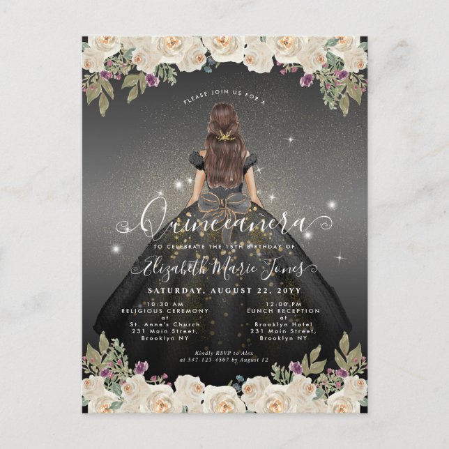 Carte Postale Glam or blanc noir floral Princesse Quinceanera (Devant)