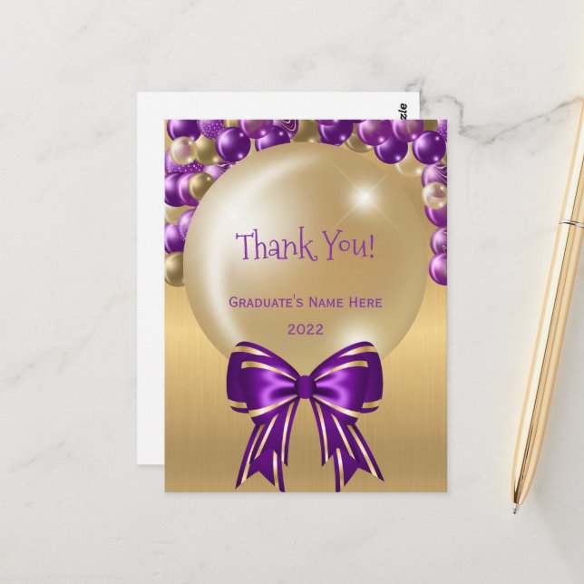 Carte Postale Glam Purple Gold Balloon Bow Merci Graduation (Devant/Arrière en situation)