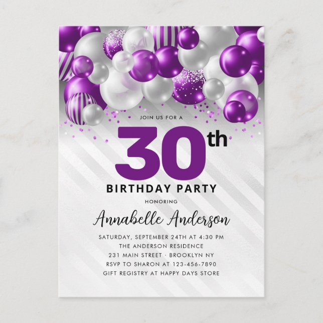 Carte Postale Glam Purple Silver Balloon Parties scintillant 30e (Devant)
