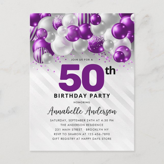 Carte Postale Glam Purple Silver Balloon Parties scintillant 50e (Devant)