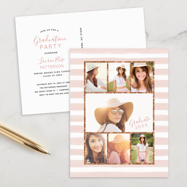 Carte Postale Glam Rose Gold Photo Collage Graduation Invitation (Créateur téléchargé)
