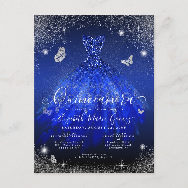 Carte Postale Glam Royal Blue Silver Parties scintillant Gown Qu (Devant)