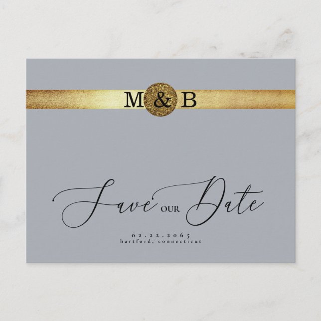 Carte Postale Glam Silver & Metallic Gold Monogram Save the Date (Devant)