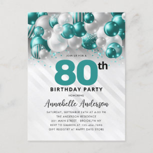 Carte Postale Glam Turquoise Silver Balloon Parties scintillant