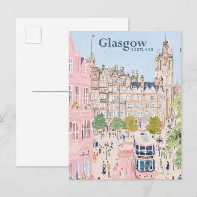 Carte Postale Glasgow Ecosse Gouache Peinture Illustration Voyag (Devant / Derrière)