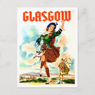 Carte Postale Glasgow, fille dansante en costume national, vinta
