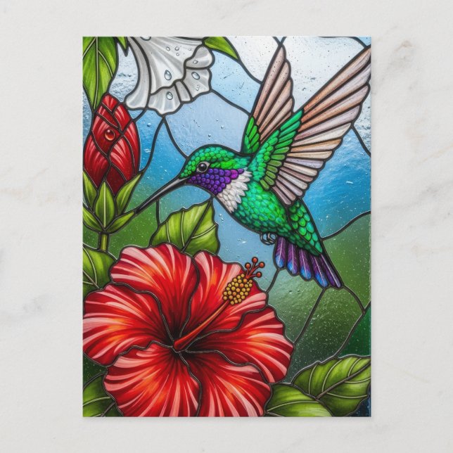 Carte Postale Glass Patchwork Hummingbird Garden Floral Mosaic (Devant)