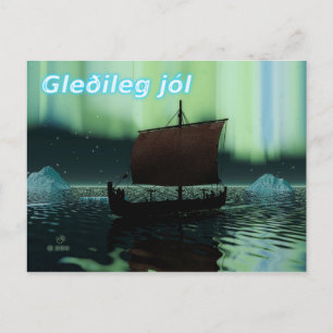 Carte Postale Gleðileg Jól - Viking Ship Et Northern Lights