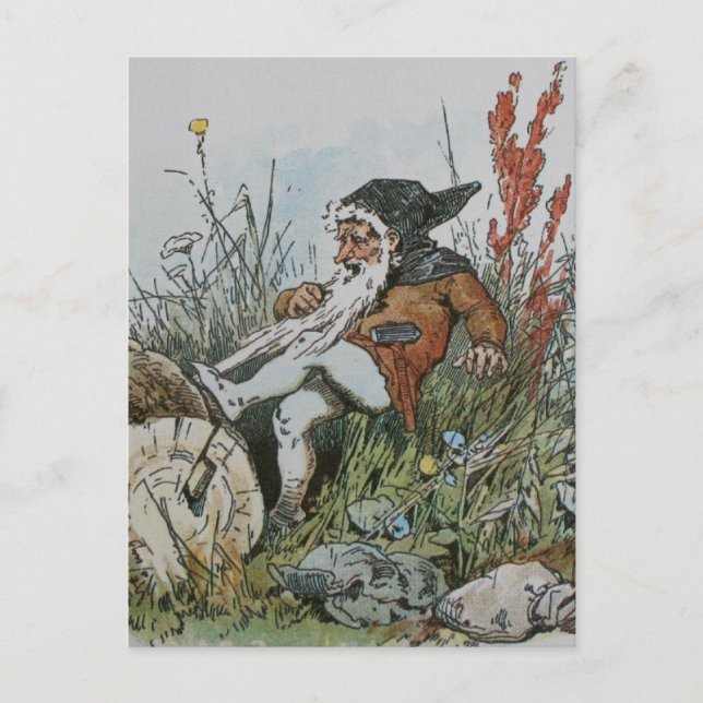 Carte Postale Gnome avec sa barbe prise sur un journal (Devant)
