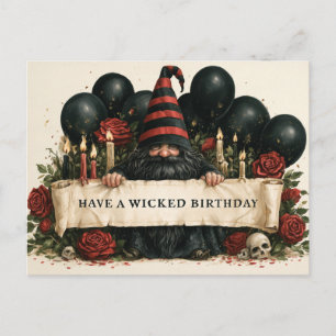Carte Postale Gnome d'anniversaire effrayant avec des roses roug
